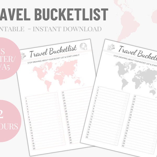 Reise Bucket-List, Printable Download, Wanderlust Liste, Reise To Do Liste, Traumreisen, Reise Wish List, PDF, Rosa & Grau, A4 A5 US Letter