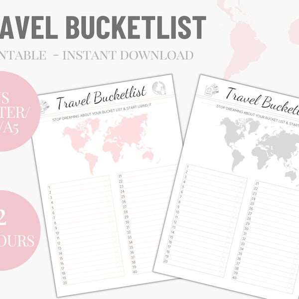 Voyage Bucket-List, Téléchargement imprimable, Wanderlust List, Travel To Do List, Dream Trips, Travel Wish List, PDF, Pink & Grey, A4 A5 US Letter