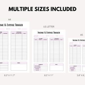 May include: Three printable income and expense tracker templates in different sizes: A4 (8.3 inches by 11.7 inches), US Letter (8.5 inches by 11 inches), and A5 (5.8 inches by 8.3 inches). Each template has sections for starting balance, income, expenses, and a summary.