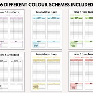 May include: Six printable income and expense tracker pages in different color schemes. Each page includes sections for starting balance, income, expenses, and a summary.