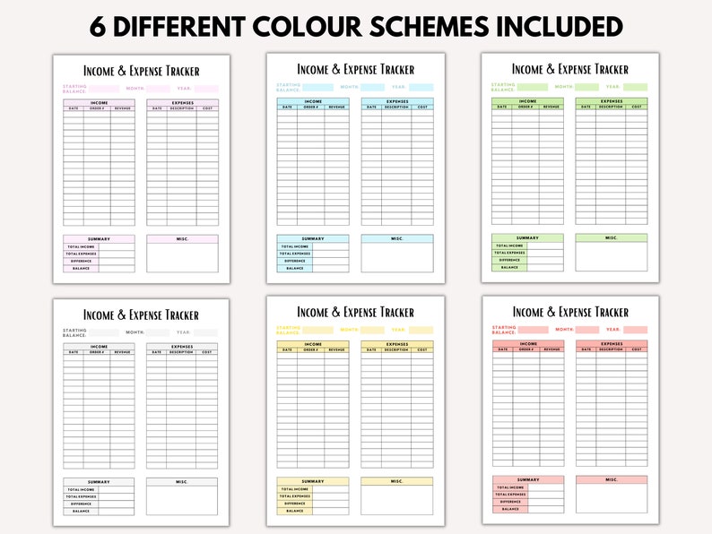 May include: Six printable income and expense tracker pages in different color schemes. Each page includes sections for starting balance, income, expenses, and a summary.