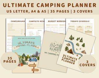 May include: A printable camping planner with 35 pages and 3 different covers. The cover features a colorful illustration of a camper van, a tent, and a campfire in a forest setting. The text "Ultimate Camping Planner" is displayed on the cover.