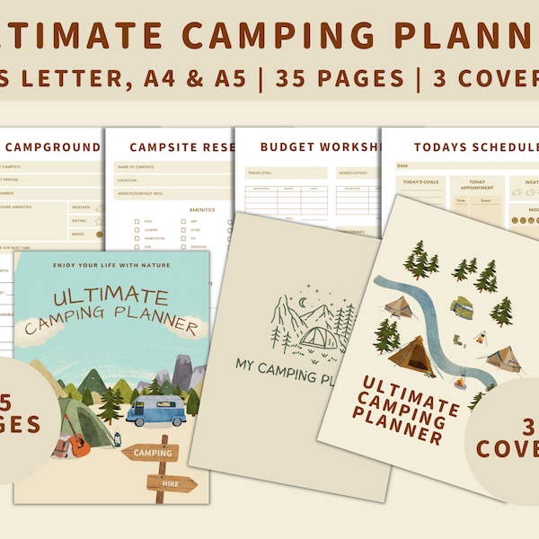 Ultimate Camping Planner Printable | Travel Camping Itinerary | Camping Checklist | Camping Gift | Adventure Journal | 35 pages | 3 Covers