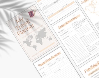 May include: A printable travel planner with a beige background and brown text. The planner includes sections for daily itinerary, road trip planner, and pre-trip planning. The cover features a world map and the text "My Travel Planner" and "Not all those who wander are lost."
