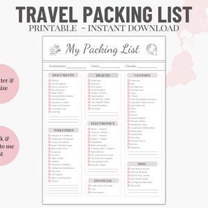 Travel Packing List Printable Packing List Vacation Packing - Etsy UK