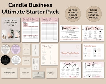 May include: A digital download pack for candle businesses. The pack includes a 20-page planner, candle care instructions, order forms, price lists, and social media graphics. The graphics feature a pink and white color scheme with a modern aesthetic.