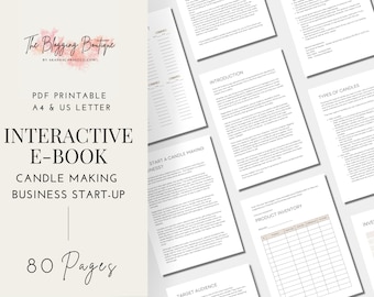 May include: A printable PDF e-book titled "Interactive E-Book: Candle Making Business Start-Up" with a pink and white logo for "The Blogging Boutique" and the text "80 Pages".
