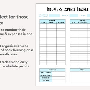 May include: A printable income and expense tracker with a light blue background. The tracker includes sections for income, expenses, and a summary. The text "Perfect for those who:" is listed on the left side of the page with bullet points describing the benefits of using the tracker.
