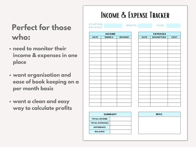 May include: A printable income and expense tracker with a light blue background. The tracker includes sections for income, expenses, and a summary. The text "Perfect for those who:" is listed on the left side of the page with bullet points describing the benefits of using the tracker.