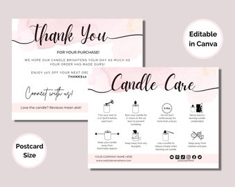 May include: Pink and white thank you card with a watercolor background. The card says "Thank You" and "Connect with us!" with a candle care guide on the back. The candle care guide includes instructions on how to trim the wick, burn the candle, and keep the candle away from flammable objects. The card also includes social media icons.