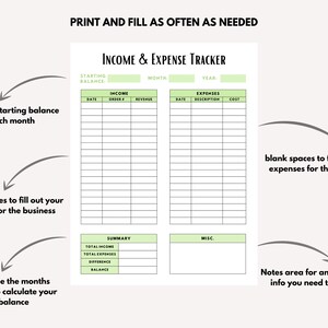 May include: A printable income and expense tracker with sections for starting balance, income, expenses, summary, and miscellaneous notes. The tracker is designed to help track business finances.