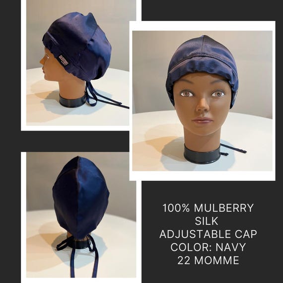 Cuffia di seta per dormire, cappello da notte da donna, in seta di gelso, in morbida seta, ideale per i capelli, per la notte (blu A