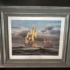 Vintage Framed Thomas Hoyne Print of the Bonhomme Richard Flagship, Maritime, Nautical, Sailboat, Ship, Antique Battleship/War Ship/1970s