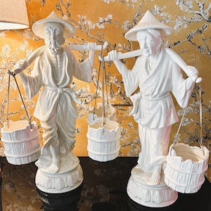 Pair of Vintage Asian Blanc de Chine Porcelain Large Man & Woman with Yoke and Water Buckets, EUC, 1970s, Table Decor/Home Decor/Asian Decor