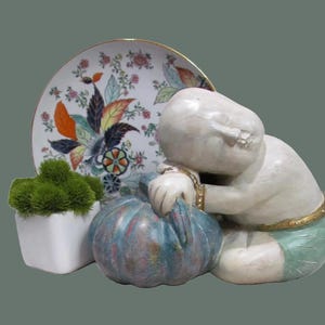 Antique Hand Carved Wood Sculpture: Sleeping Child on Melon, Thailand Decor