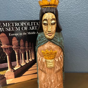 Vintage Wood Folk Art Hinged Wine, Hand Carved, Hand Painted, Medieval Style/Made in Spain/1980s/14.75" Tall/Home Decor/Bar cart Decor