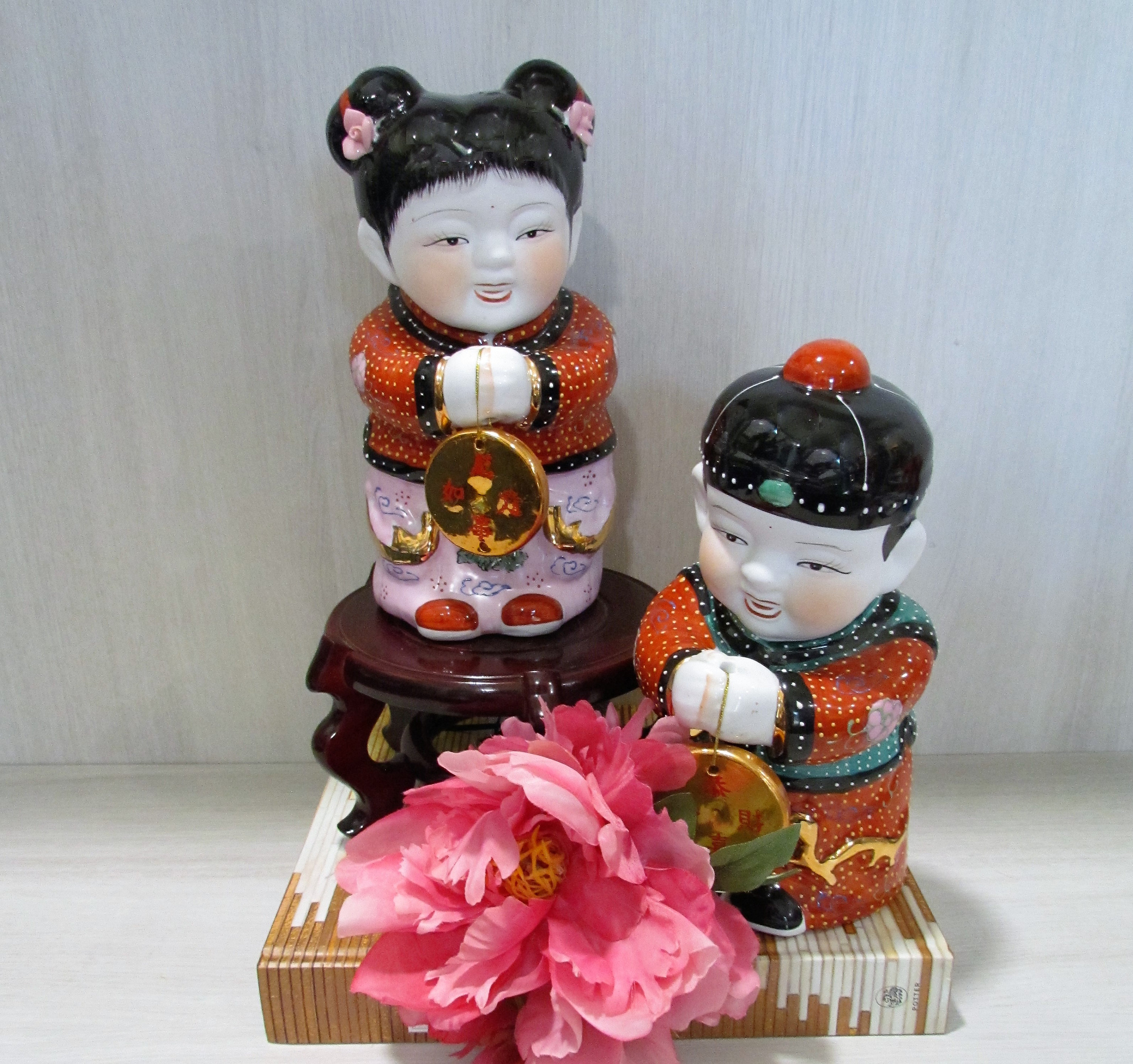 Pair Vintage Chinese Jintong (golden Boy) and Yunu (jade