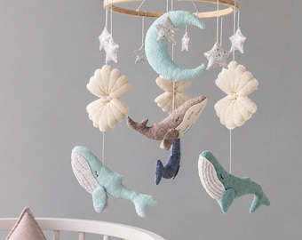 Móvil para cuna con forma de ballena, decoración infantil con temática oceánica, criaturas marinas con forma de concha.