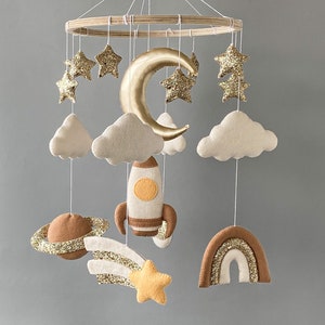 Space baby mobile with rocket, planet, rainbow, moon and stars mobile, outer space baby boy mobile, crib mobile space