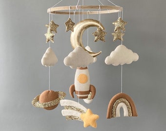 Baby mobile space with planet, rocket, cloud and stars mobile, baby crib mobile for nursery, baby mobile neutral