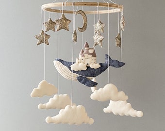 Whale baby mobile for nursery, baby crib mobile whales, whale space mobile, cloud and stars mobile