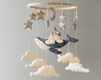 Baby cloud mobile, moon and stars mobile nursery, space mobile, ocean whale mobile, felt crib mobile, baby shower gift