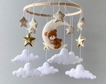 Bear baby mobile neutral, nursery mobile, cloud mobile, moon and stars mobile, teddy bear baby shower gift