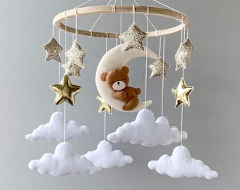 Bear baby mobile neutral, nursery mobile, cloud mobile, moon and stars mobile, teddy bear baby shower gift