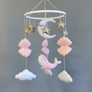 Ocean baby girl mobile nursery, under the sea mobile, star and cloud whale mobile, crib mobile bebe, seashell moon mobile, nursery decor