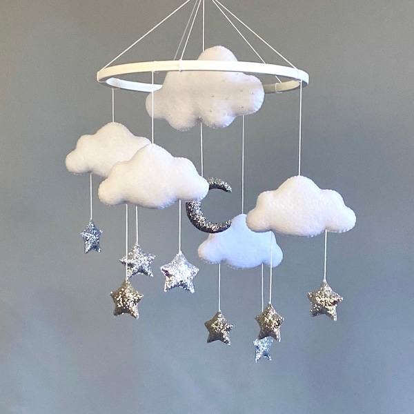 Baby cloud mobile nursery, moon and stars mobile for crib, cot felt hanging mobile bebe, baby girl mobile or baby boy mobile neutral