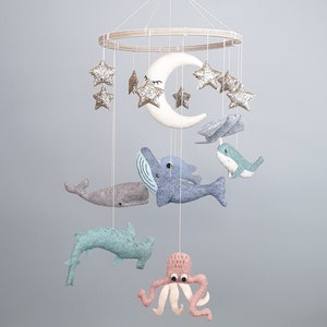 Whale Baby Mobile Nursery, Hanging Mobile, Baby Boy Mobile, Stars Moon Mobile, Under the Sea Mobile Bebe, Baby Shower Gift image 1