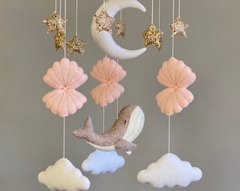 Ocean baby girl mobile nursery, whale mobile, seashell crib nautical mobile hanging, under the sea nursery mobile, pink felt fish mobile