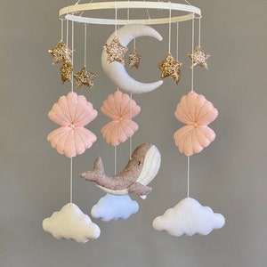 Ocean baby girl mobile nursery, whale mobile, seashell crib nautical mobile hanging, under the sea nursery mobile, pink felt fish mobile