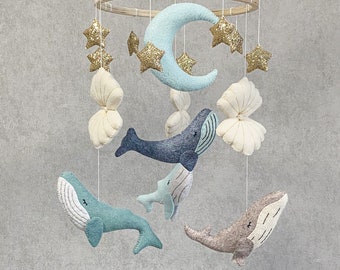 Whale baby mobile, under the sea nursery, ocean nautical mobile for crib, baby boy felt mobile, star and moon mobile, nursery decor