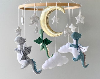 Felt Dragon Baby Mobile, Fantasy Nursery Decor, Moon Stars Clouds Crib Hanging
