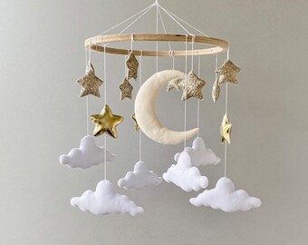 Cloud baby mobile, moon and stars mobile nursery, baby mobile neutral, crib mobile, baby shower gift