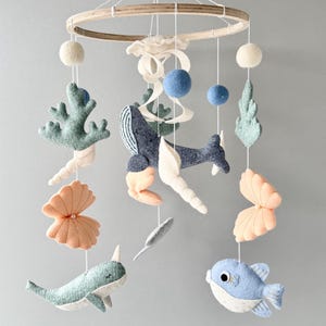 Ocean baby mobile, felt crib mobile, whale narwhal and seashells mobile, handmade under the sea nursery decor, ocean baby shower theme