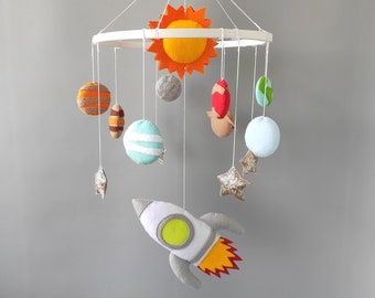 Solar System Baby Space Mobile, Planet Nursery Mobile, Outer Space Mobile, Rocket Mobile, Crib Cot Felt Mobile, Hanging Mobile