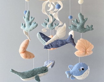 Ocean baby crib mobile, whale mobile nursery, nautical mobile, under the sea mobile, jellyfish, seashell mobile