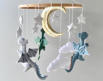 Dragon Baby Mobile, Nursery Decor, Felt Dragons, Moon and Stars
