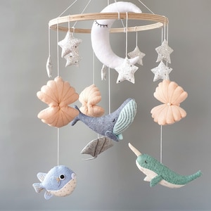 Ocean mobile nursery, whale baby mobile for crib, under the sea mobile, felt seashell nautical mobile, moon and stars mobile bebe