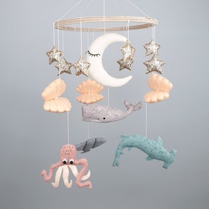 Whale Baby Mobile Nursery, Ocean Nautical Hanging Mobile, Stars Moon Mobile, Baby Boy Mobile,  Under the Sea Mobile Bebe, Baby Shower Gift