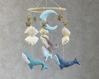 Whale baby mobile nursery, ocean baby boy mobile for crib. Nautical under the sea hanging mobile with moon, gold stars, seashell.