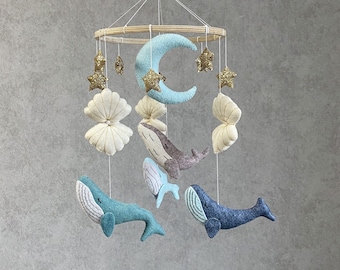 Whale baby mobile nursery, ocean baby boy mobile for crib. Nautical under the sea hanging mobile with moon, gold stars, seashell.