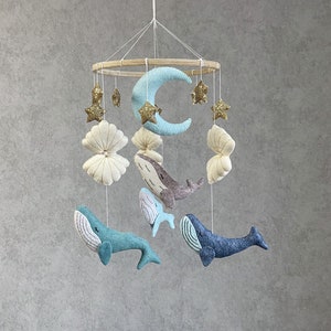 Whale baby mobile nursery, ocean baby boy mobile for crib. Nautical under the sea hanging mobile with moon, gold stars, seashell.