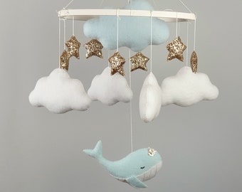 baby boy mobile, nursery whale mobile, baby mobile felt cloud, hanging star mobile bebe