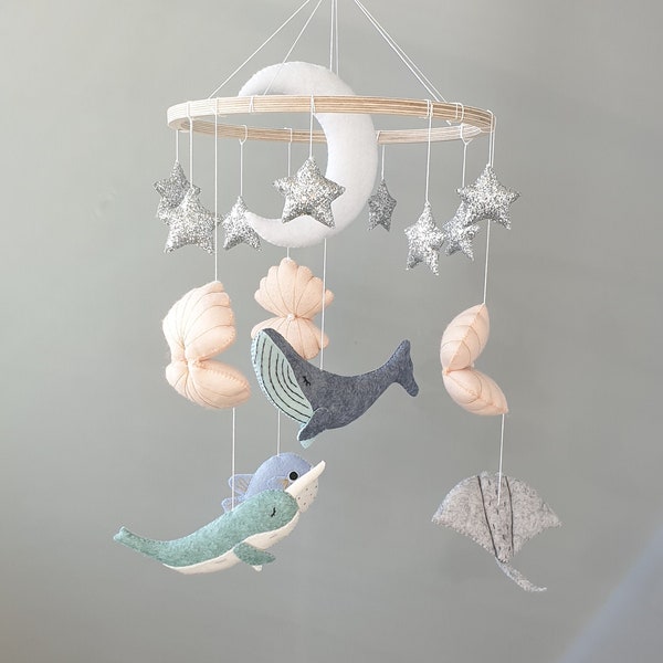 Whale Baby Mobile Nursery, Ocean Nautical Hanging Mobile, Stars Moon Mobile, Baby Boy Mobile, Under the Sea Mobile Bebe, Baby Shower Gift