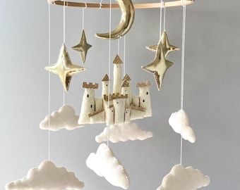 Felt Castle Baby Mobile, Gold Moon and Stars, Fantasy Nursery Decor