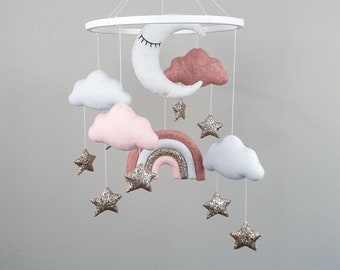 Wolke-Baby-Mädchen-Mobile, Mond Regenbogen Kinderzimmer mobile, gold Stern mobile für Krippe, Filz hängen mobile, Baby-Mädchen-Kinderzimmer-Dekor