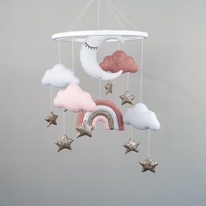 Cloud baby girl mobile, moon rainbow nursery mobile,  gold star mobile for crib, felt hanging mobile, baby girl nursery decor